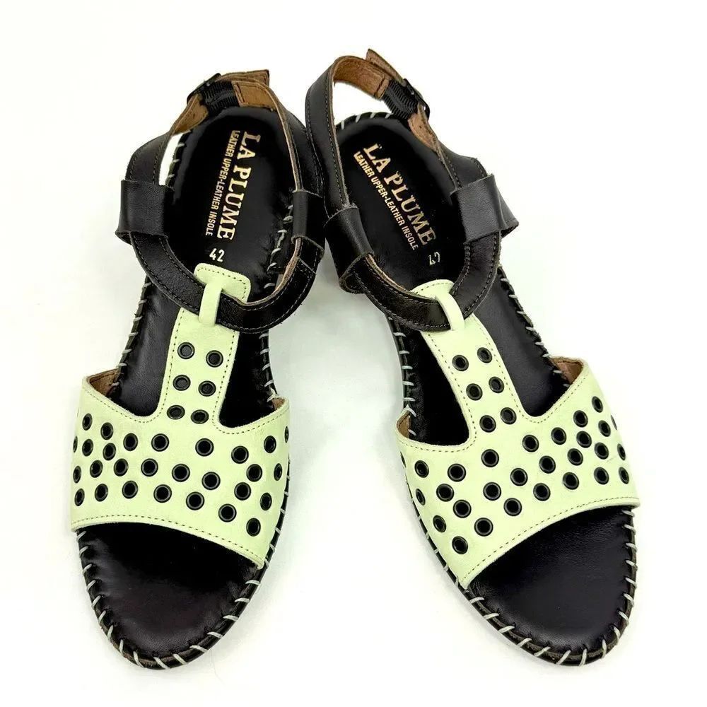 La Plume Green Black Leather Perforated Grommet T Strap Lightweight Sandals